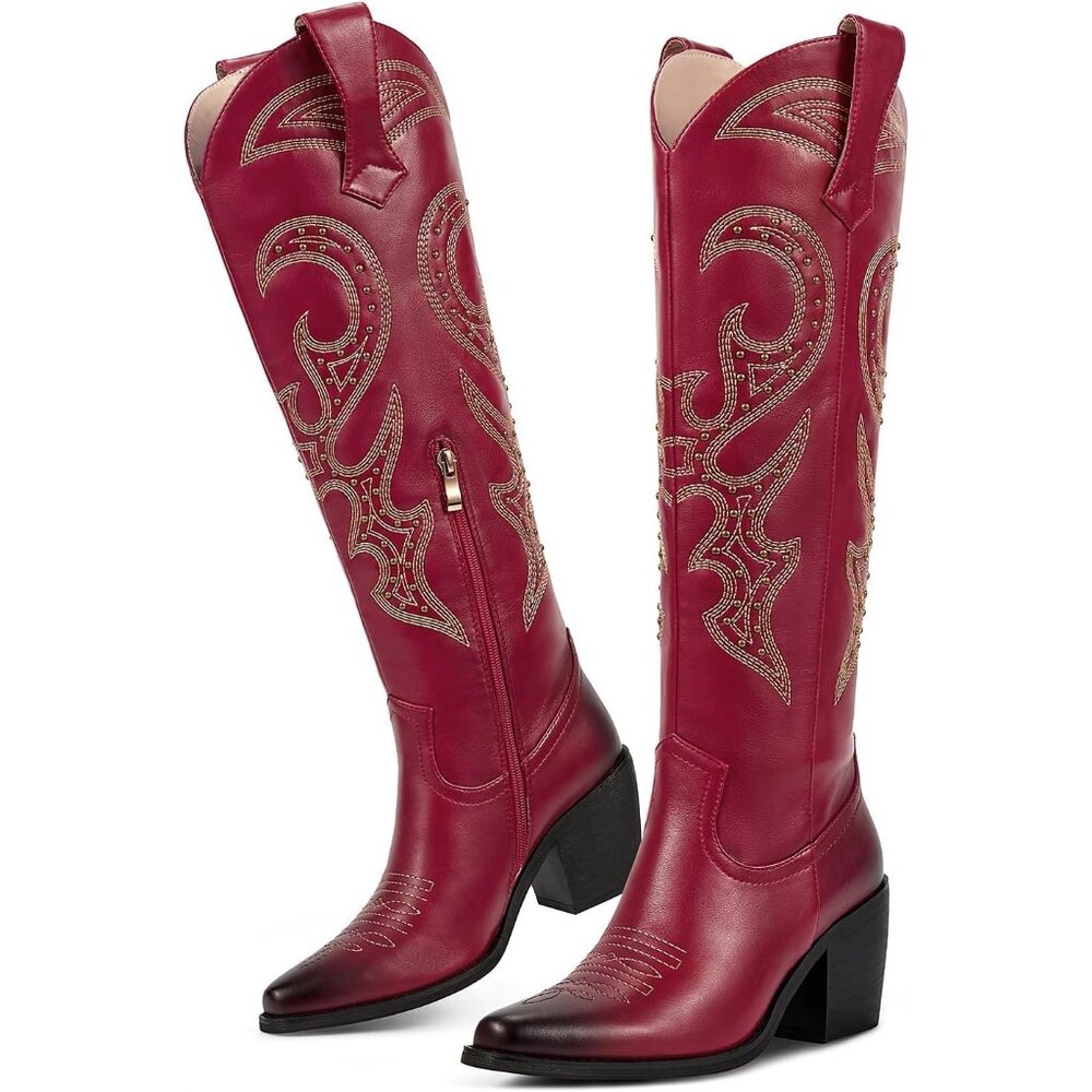Wetkiss Red Cowboy Boots Women Knee High Rhinestone Western Tall Fashion Shoes - Picture 3 of 6